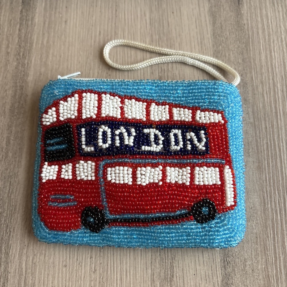 Vintage London England Double Decker Bus Blue Beaded Coin Purse Wristlet